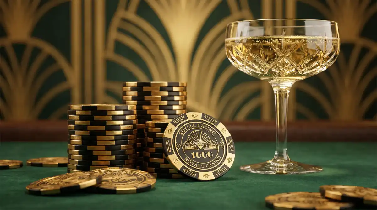 金色赌场筹码与水晶香槟杯