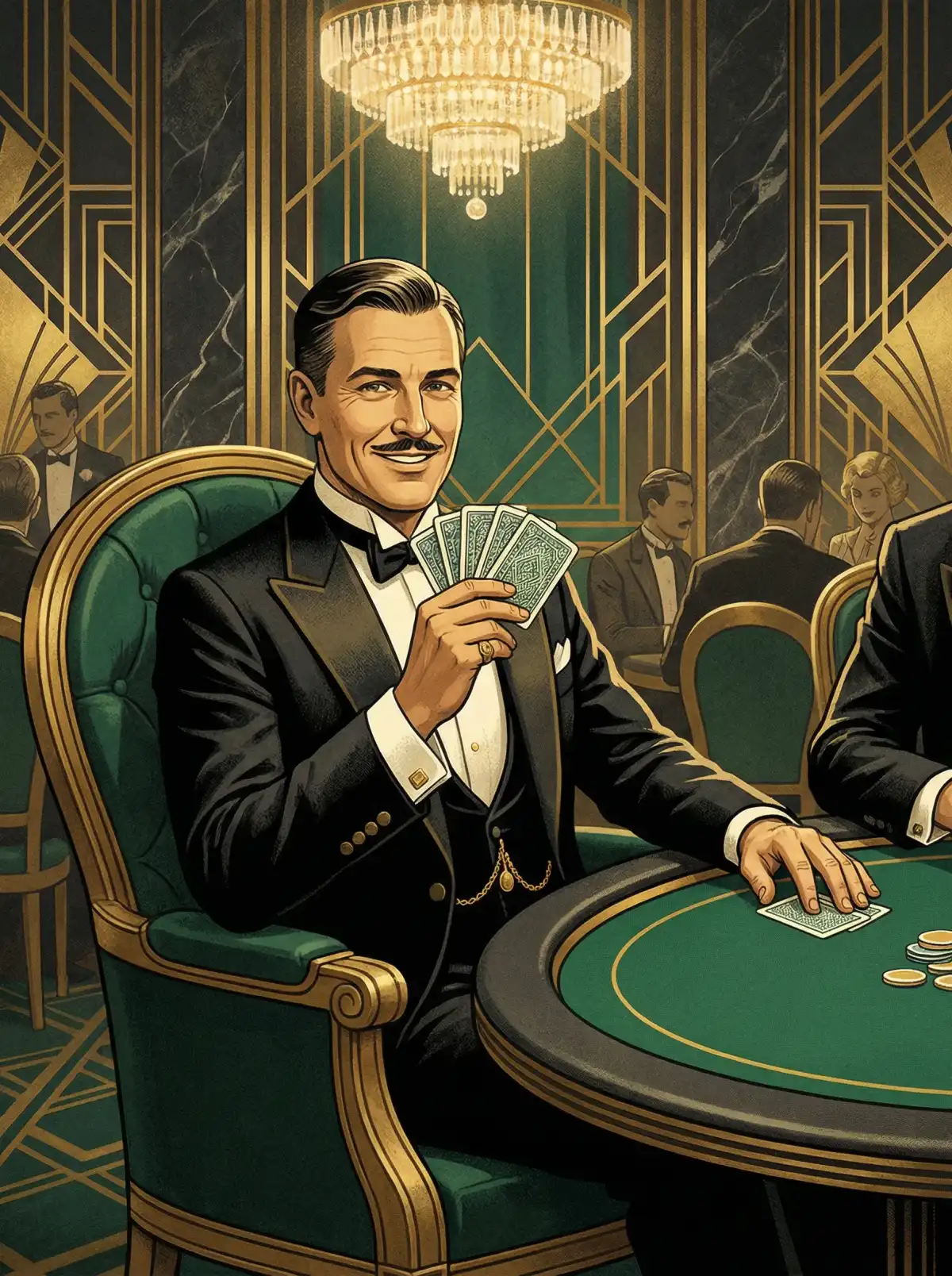 绅士玩家在扑克桌前的Art Deco风格肖像